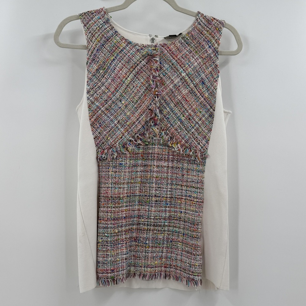 Carlisle Tunic Top Womens Small Multicolor Tweed Fringe Zip Sleeveless Boucle